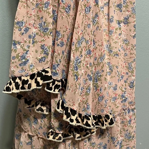 Umgee Leopard Trim Floral Boho Dress Tassel Tie 3/4 Sleeve Cottagecore Large - Picture 4 of 8